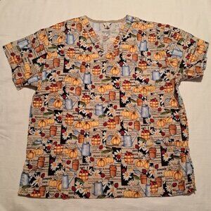 Fall pumpkin apple women's size Large scrub uniform top VGUC